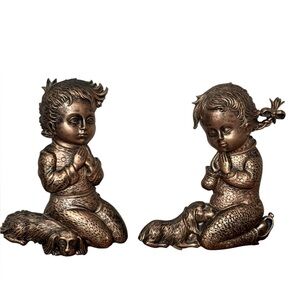 MCM 1970 Copper Tone Praying Boy & Girl Wall Plaques Hanging Set Of 2 VTG Syroco